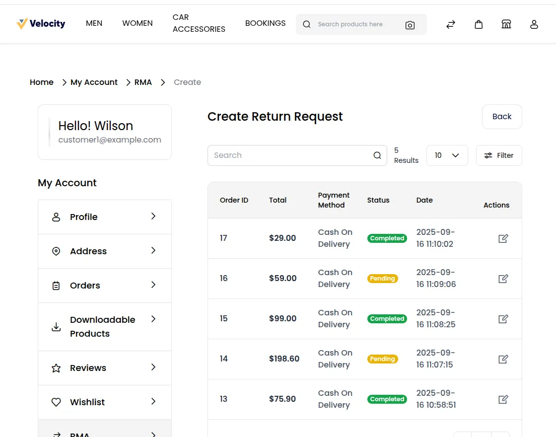 Customer Email and Password