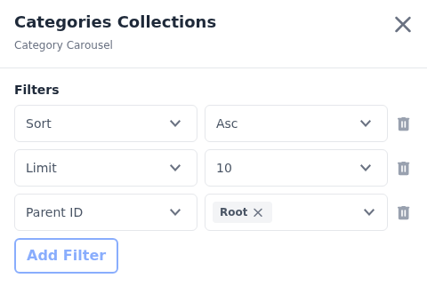 Category Carousel fields with Sort, Limit and Parent ID filters