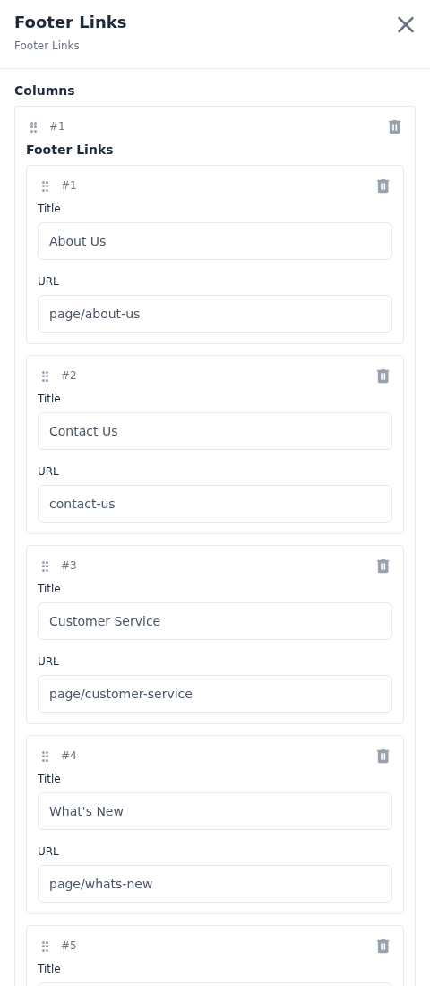 Footer Links fields with a column of links, each with a Title and a URL