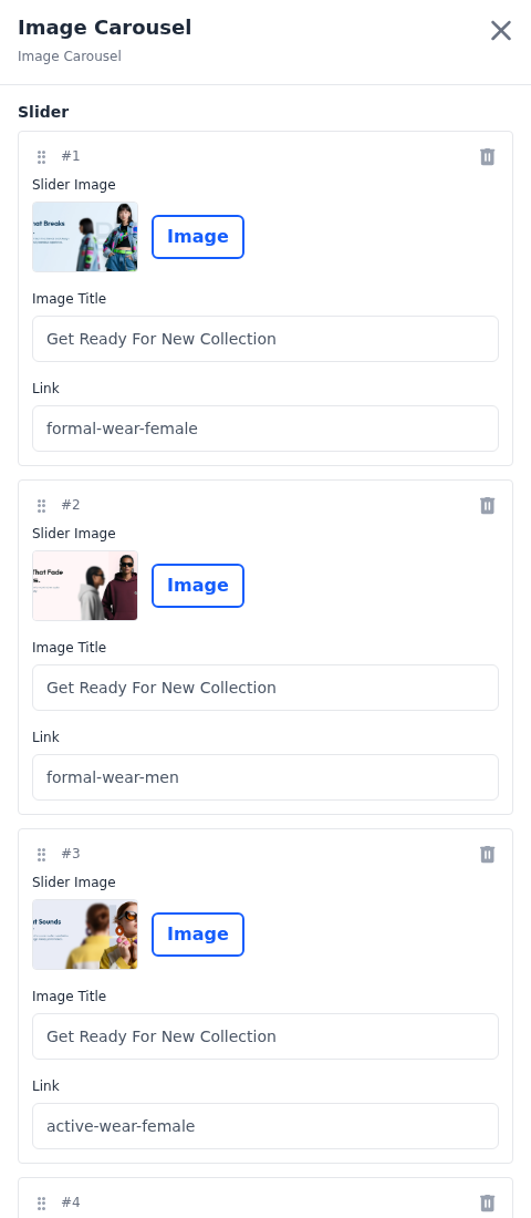 Image Carousel fields with numbered slides, each with a Slider Image, an Image Title and a Link