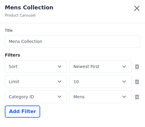 Product Carousel fields with a title and Sort, Limit and Category ID filters