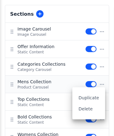 The ⋯ menu of a section row open, with Duplicate and Delete