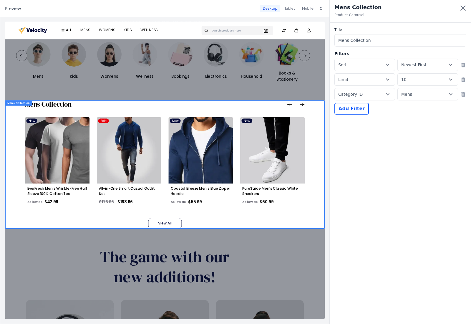 A Product Carousel section open for editing, with the section highlighted in the preview