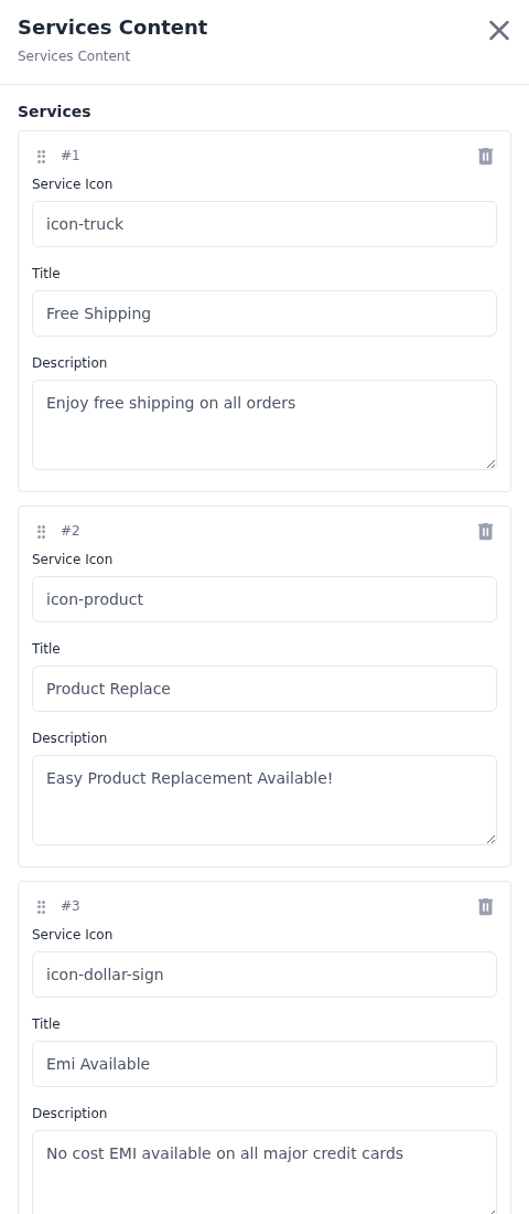 Services Content fields with numbered services, each with a Service Icon, a Title and a Description
