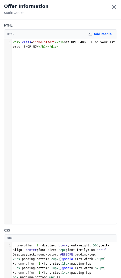 Static Content fields with the HTML editor, the Add Media button and the CSS editor