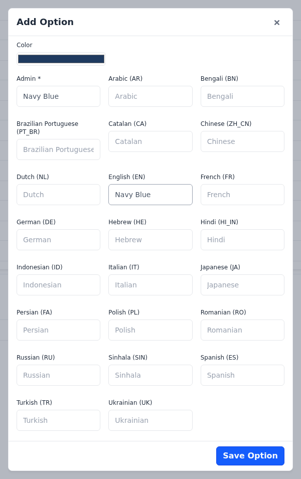 Add Option dialog with a navy blue color and the option's name in each language