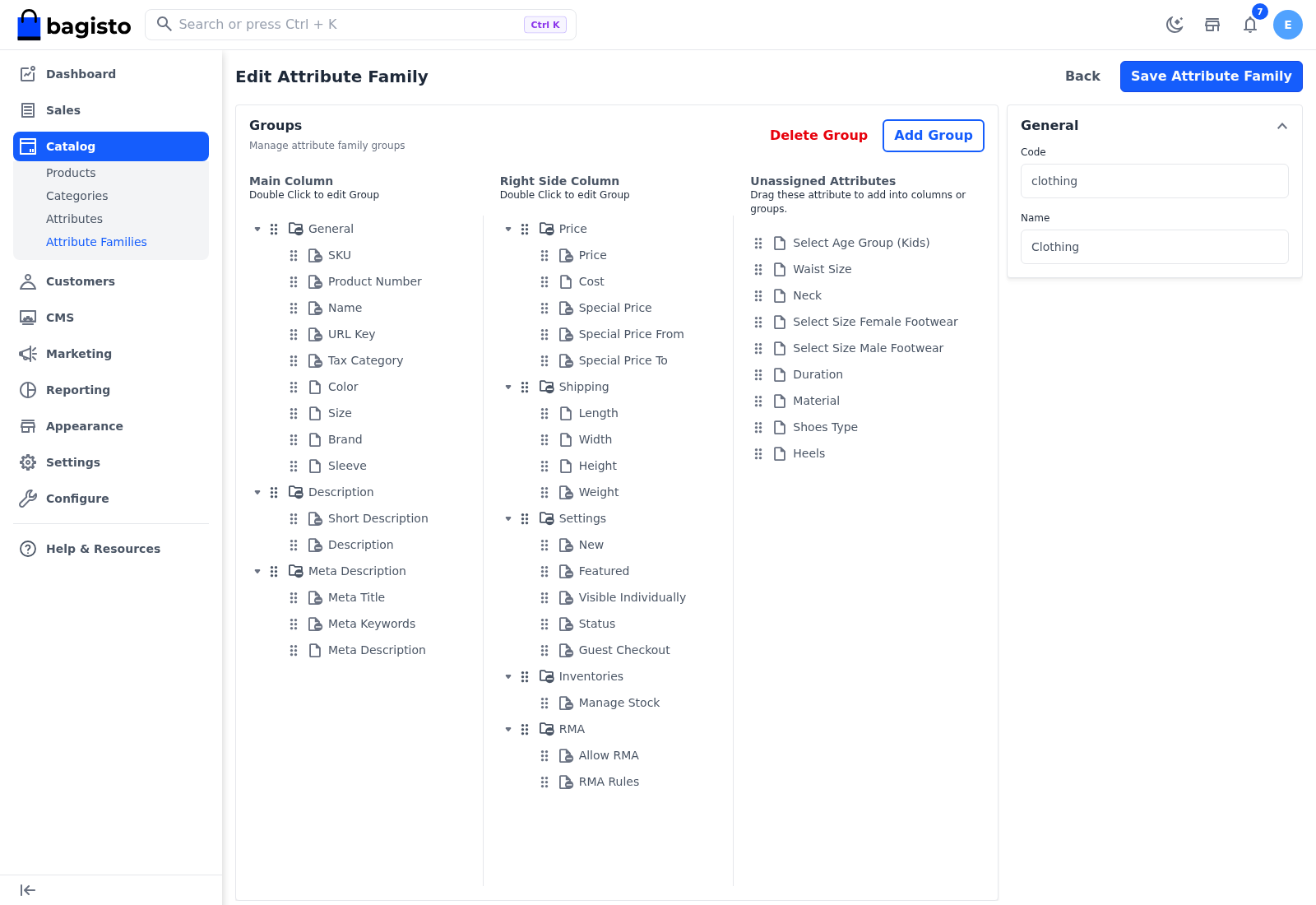 Edit Attribute Family page for the Clothing family with its groups and unassigned attributes