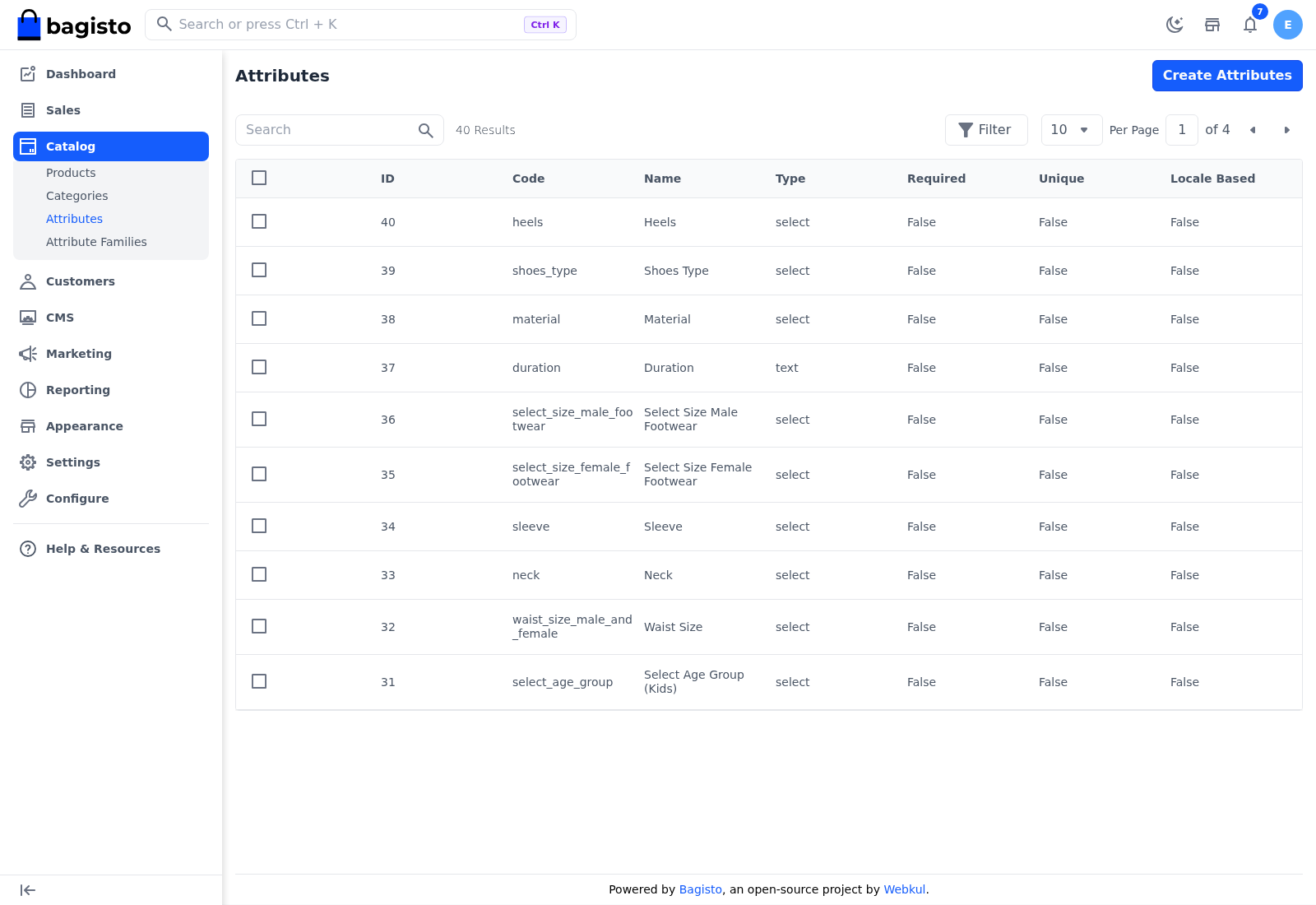 Attributes list under Catalog >> Attributes
