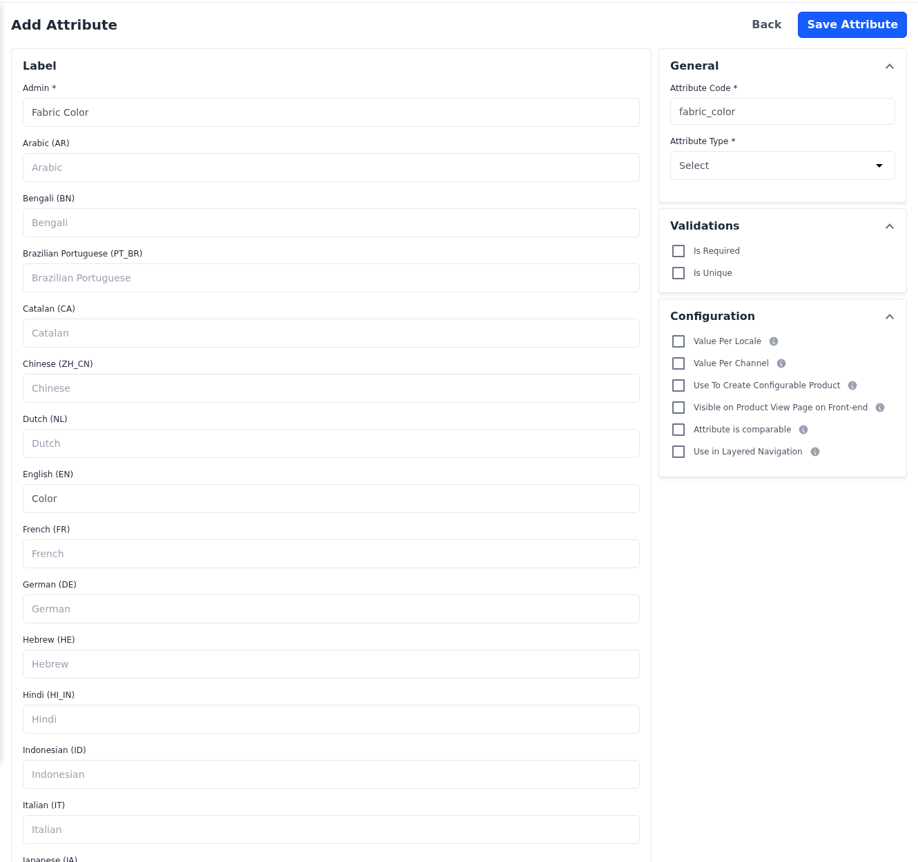 Add Attribute page with the Label section and the General, Validations and Configuration sections for a Select attribute