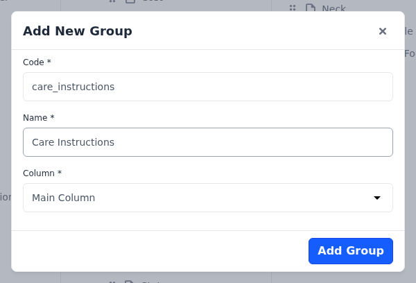 Add New Group dialog for a Care Instructions group in the Main Column