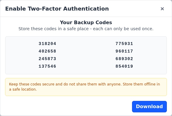 Your Backup Codes list with eight codes and the Download button
