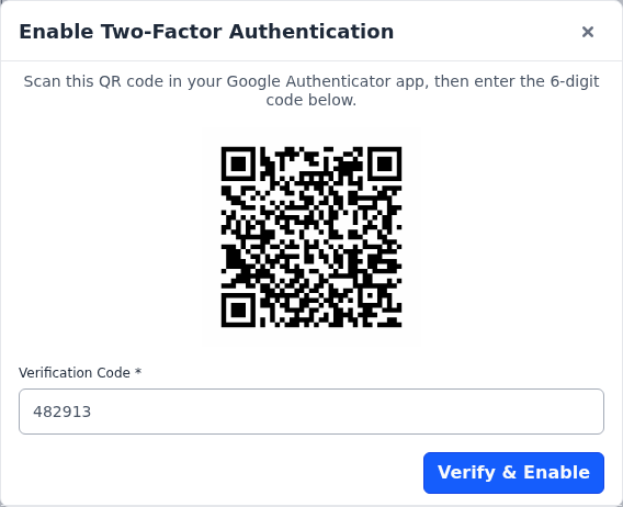 Enable Two-Factor Authentication pop-up with a QR code and a verification code entered