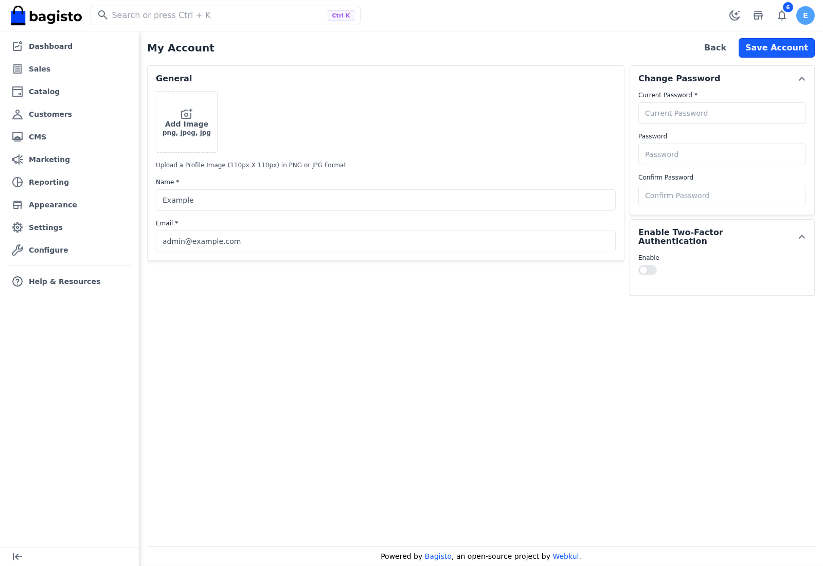 My Account page with the General, Change Password and Enable Two-Factor Authentication panels