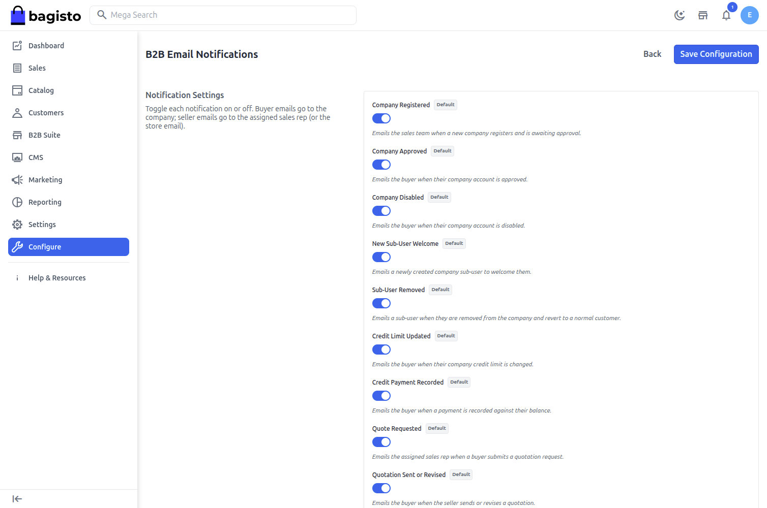 B2B Email Notification Settings