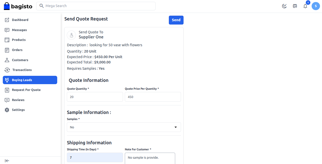 Send Quote Request to Customer