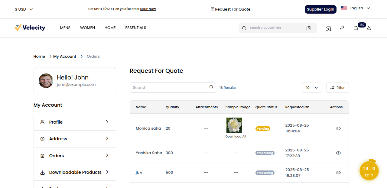 Redirect to My Requested Quotes