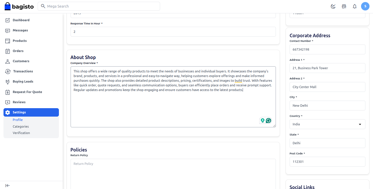 Corporate Address and About Shop
