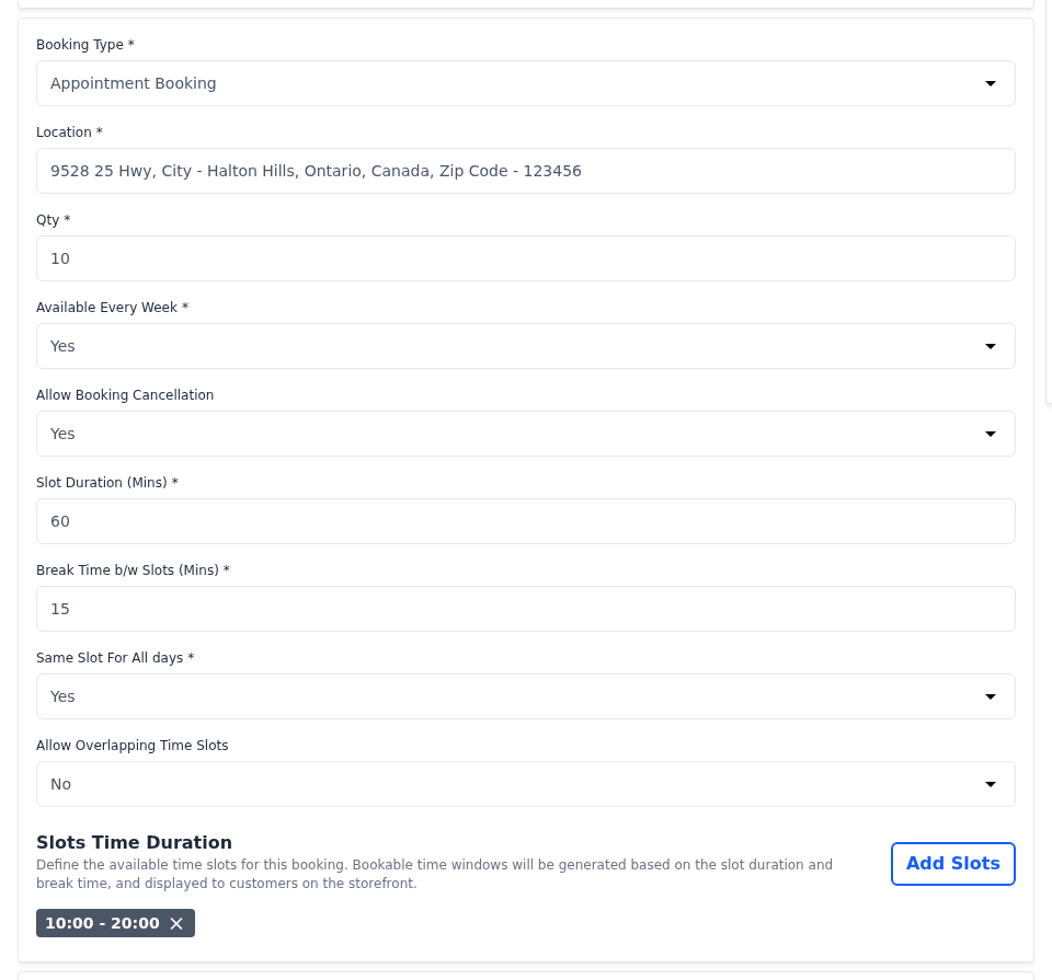 Appointment Booking settings with one opening-hours window
