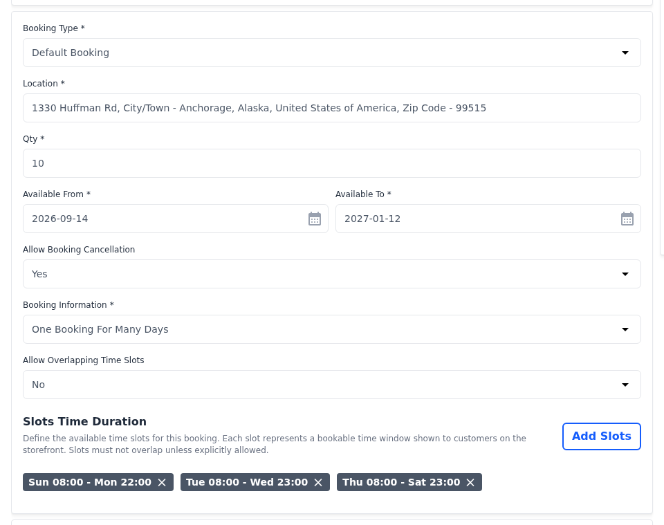 Default Booking settings with One Booking For Many Days and three slots