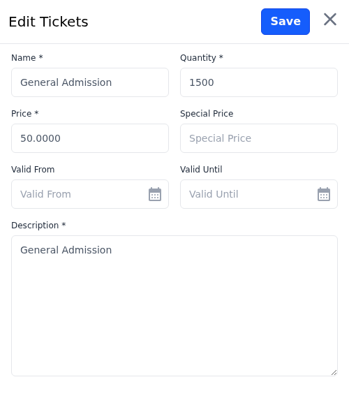 Edit Tickets panel with Name, Quantity, Price, Special Price, dates and Description
