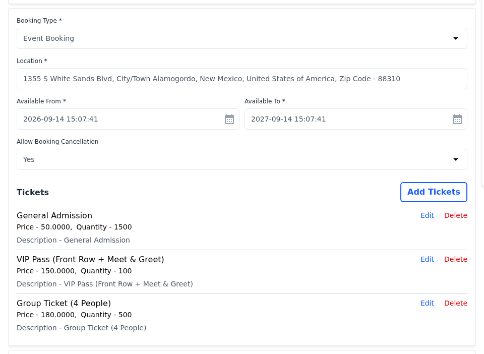 Event Booking settings with three tickets