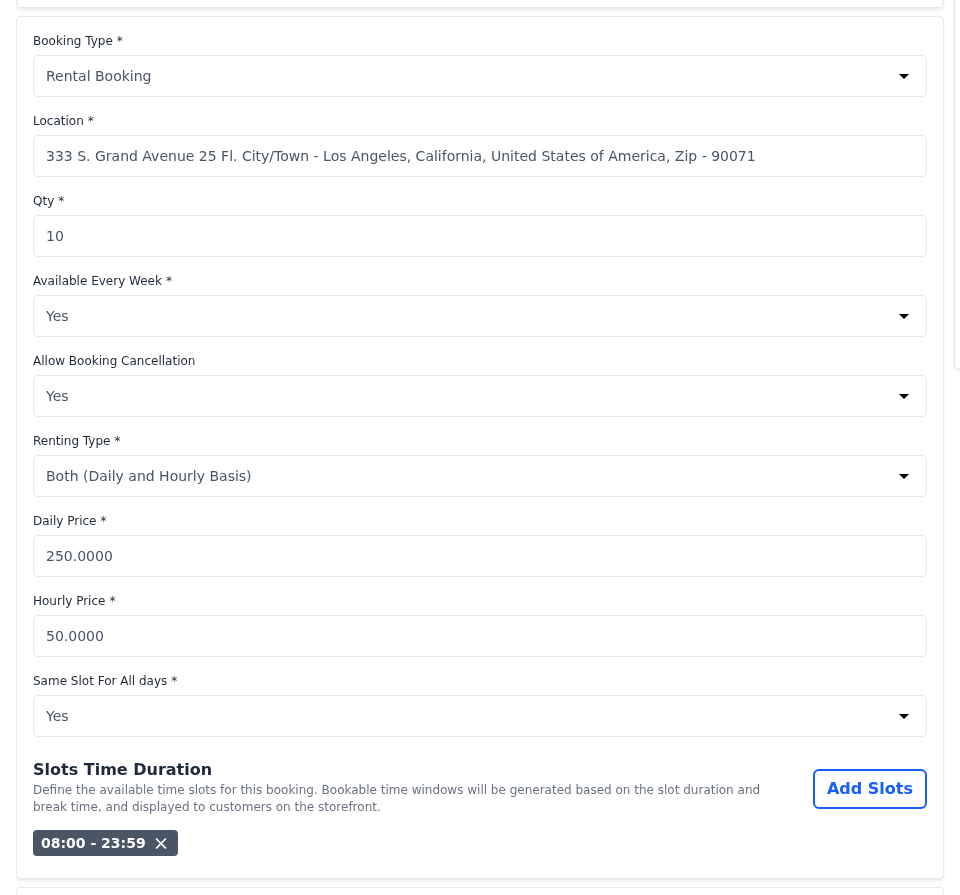 Rental Booking settings with daily and hourly prices