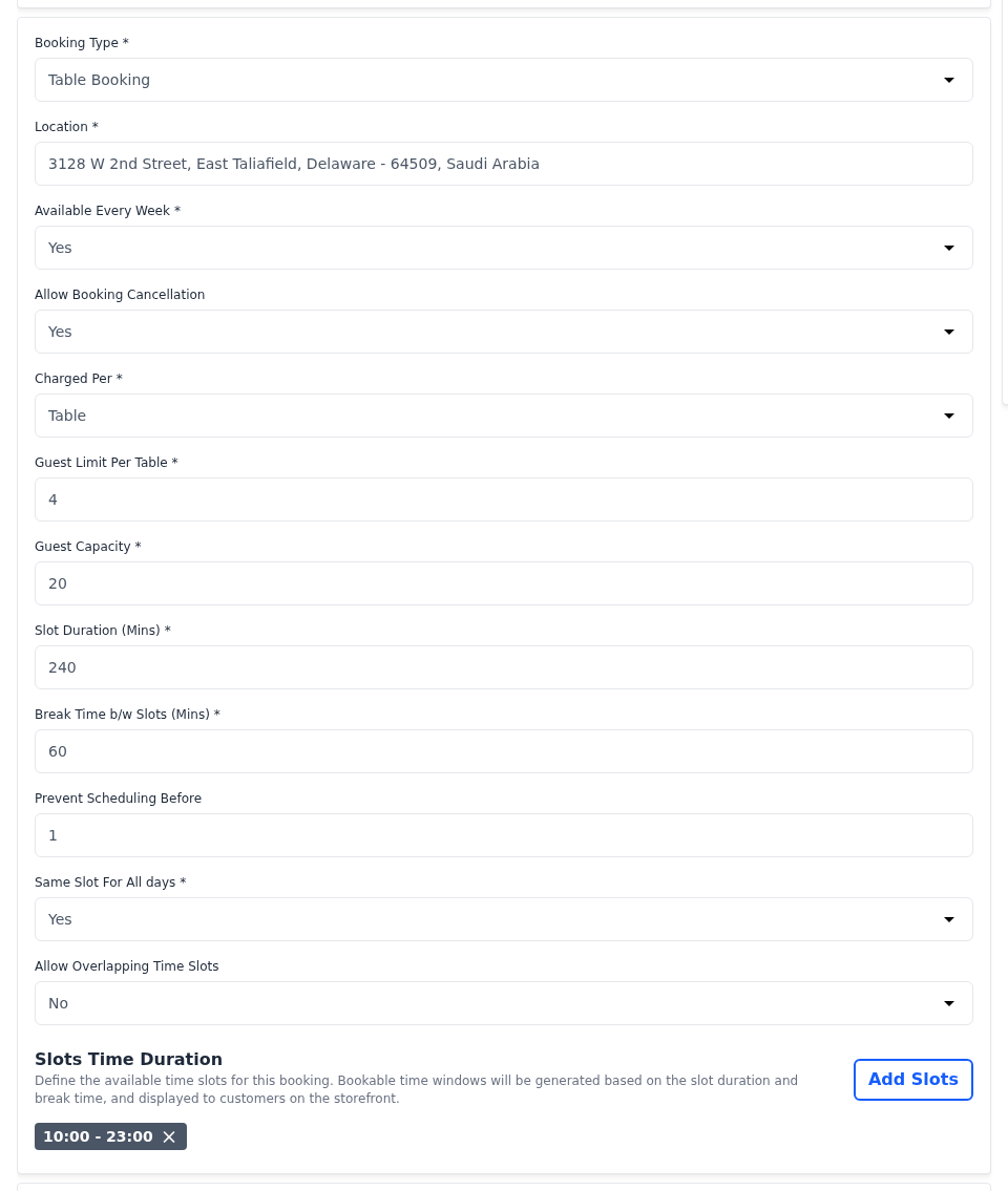 Table Booking settings charged per table