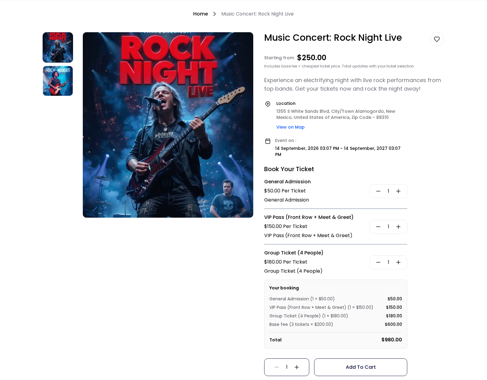 Storefront ticket selection for an event with the booking summary