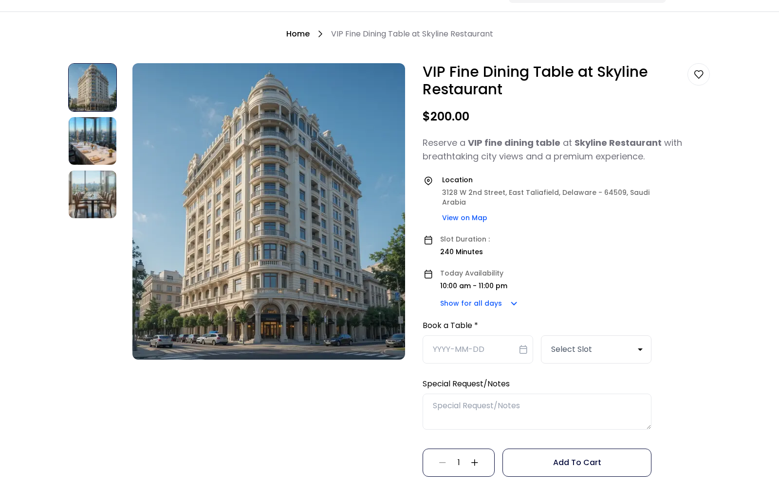 Storefront table booking form with Special Request/Notes