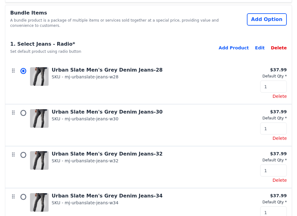 Bundle Items section with the Select Jeans option and its products