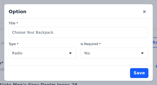 Option dialog with Title, Type and Is Required