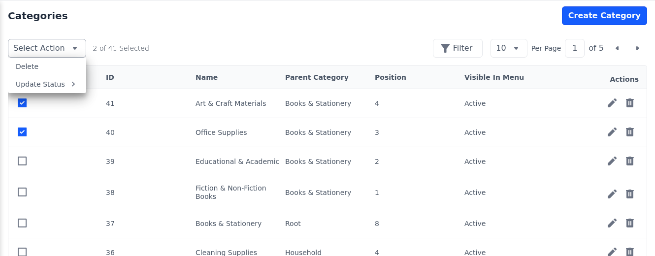 Select Action menu with Delete and Update Status for two ticked categories