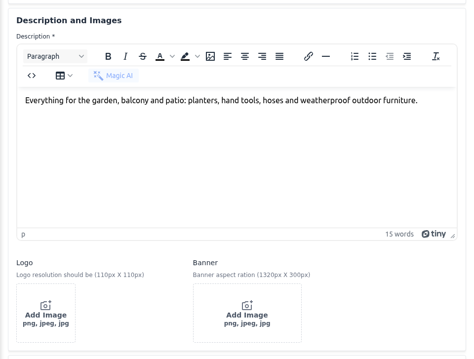 Description and Images section with the description editor and the Logo and Banner uploaders