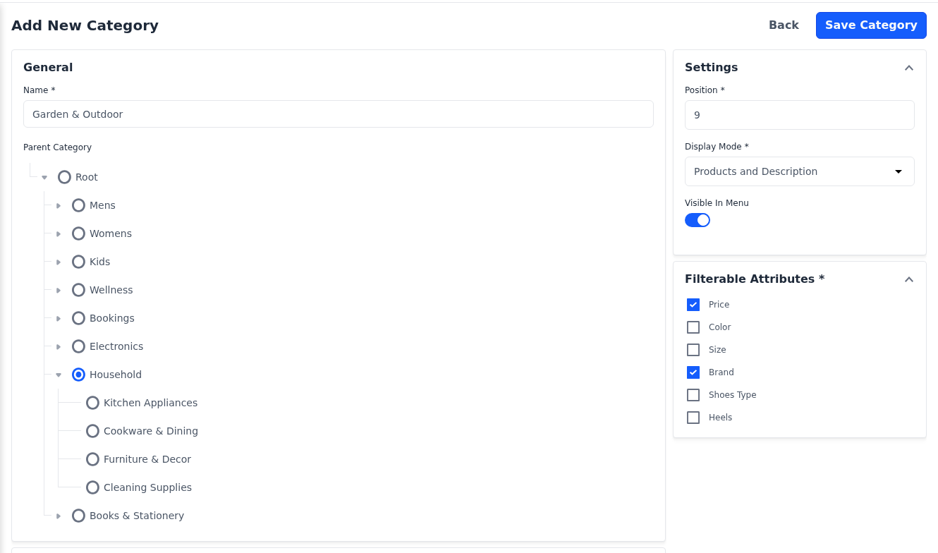 Add New Category page with the General, Settings and Filterable Attributes sections filled in for Garden & Outdoor