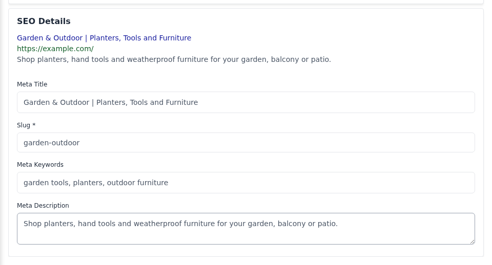 SEO Details section with a search result preview, meta title, slug, keywords and description