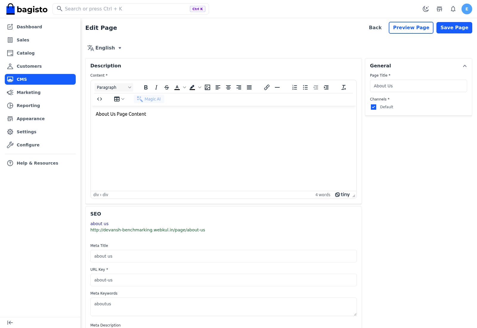 The Edit Page screen with the language selector, the Preview Page button and the page content