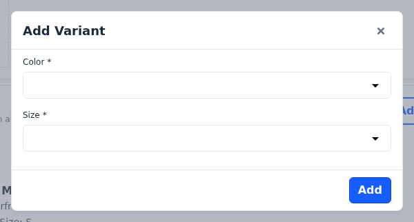 Add Variant dialog with a list for each configurable attribute