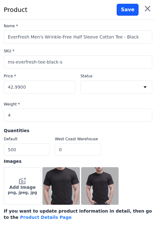 Product panel for editing one variant