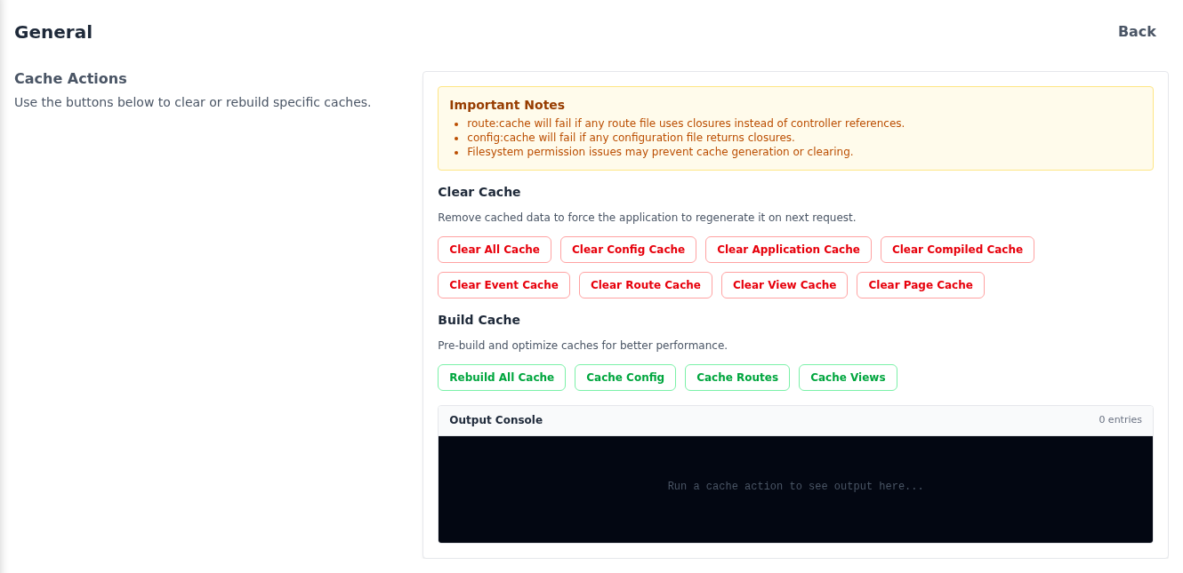 Cache Actions section with the Clear Cache and Build Cache buttons and the Output Console