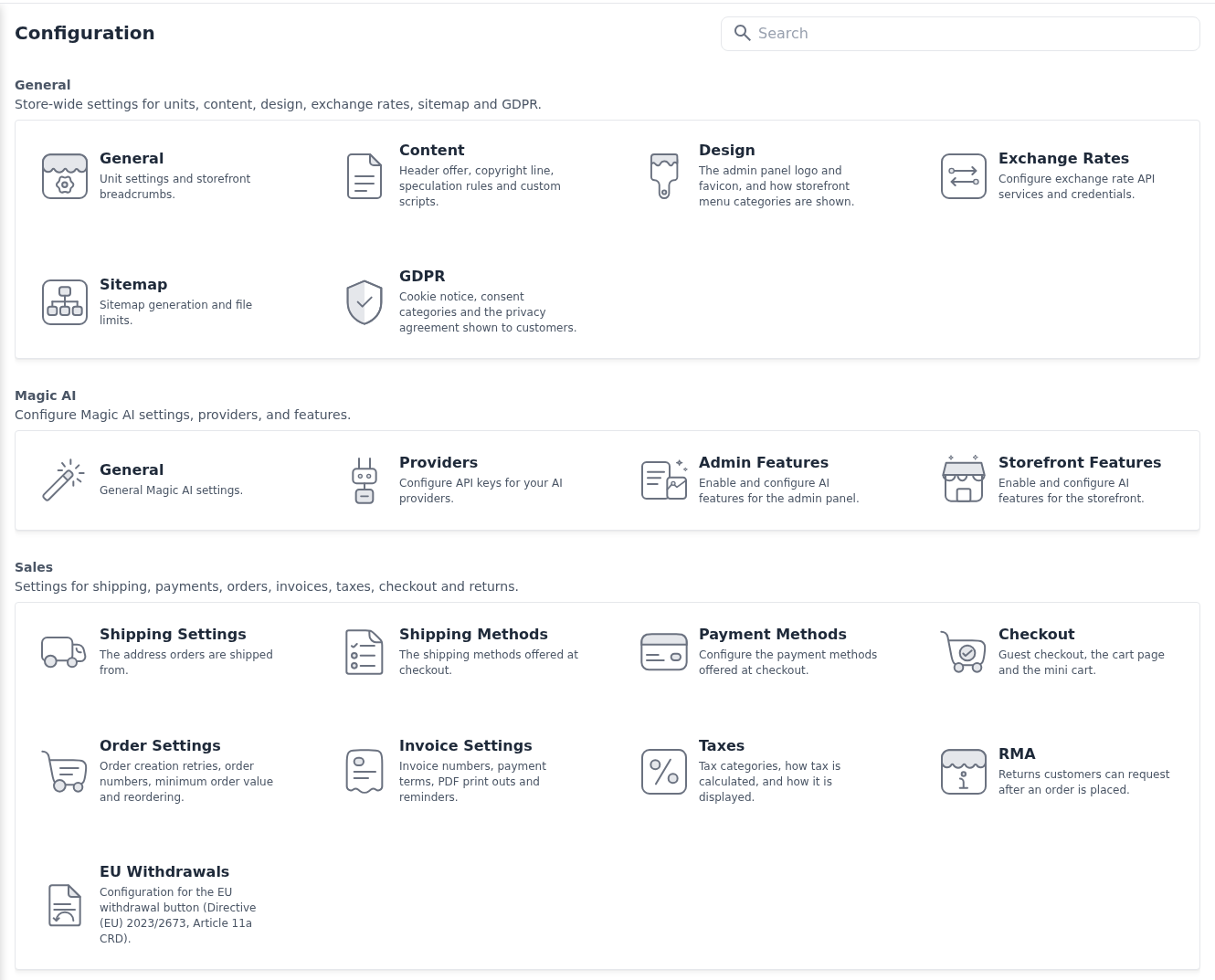 Configuration page with the General, Magic AI and Sales groups of tiles