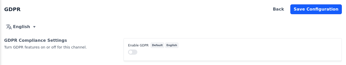 GDPR screen with the language selector and fields marked with the Default and English badges