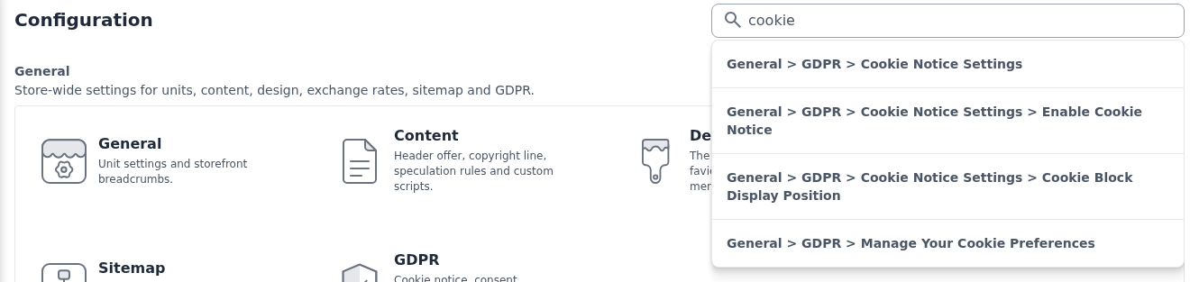 Search box on the Configuration page listing the GDPR settings that match cookie