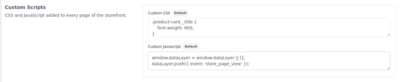 Custom Scripts section with a sample CSS rule and an analytics script