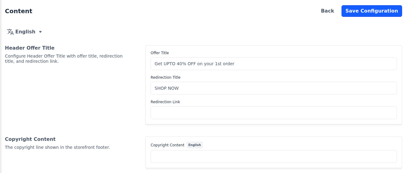Header Offer Title and Copyright Content sections of the Content screen