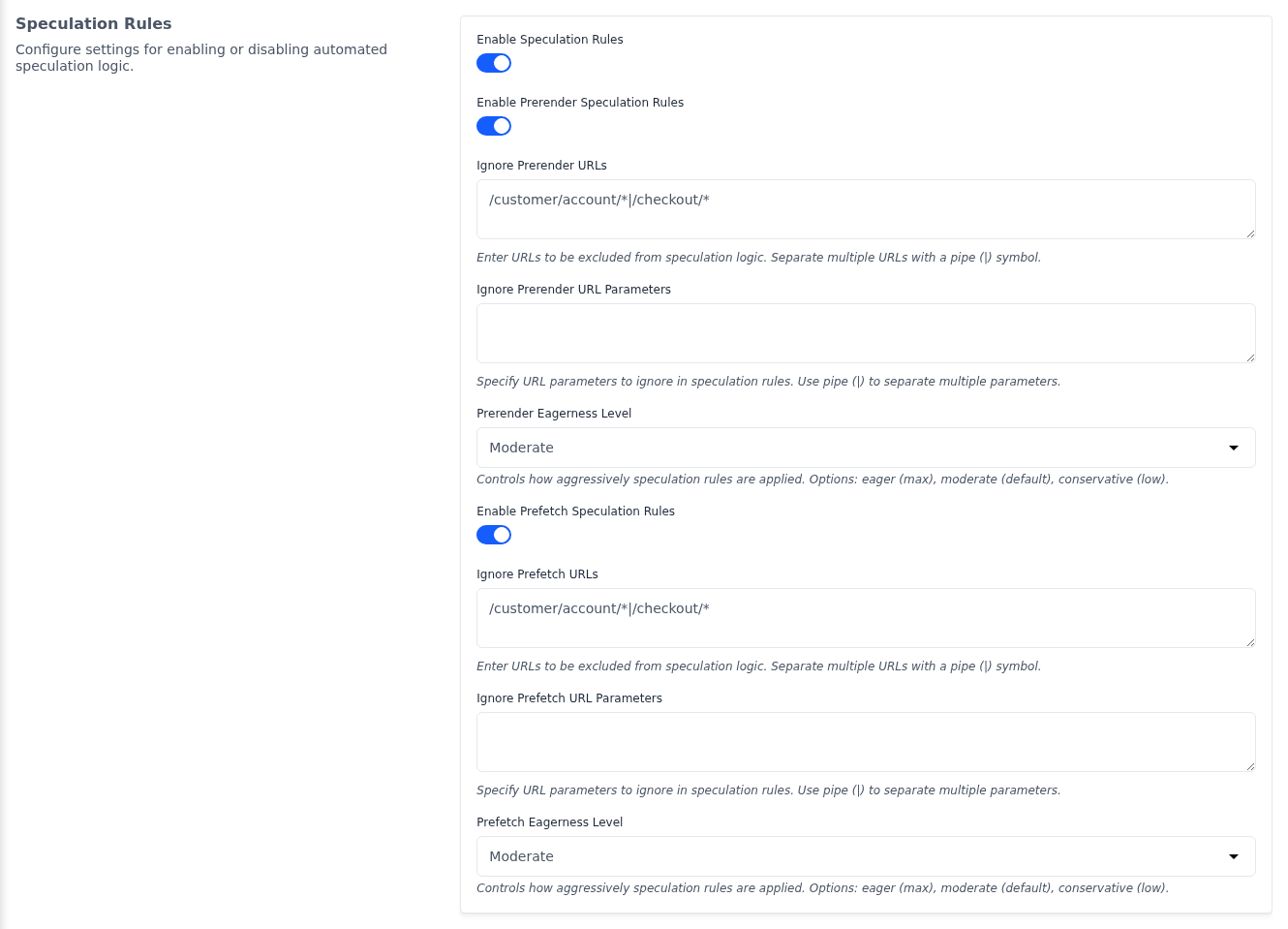 Speculation Rules section with speculation, prerender and prefetch switched on