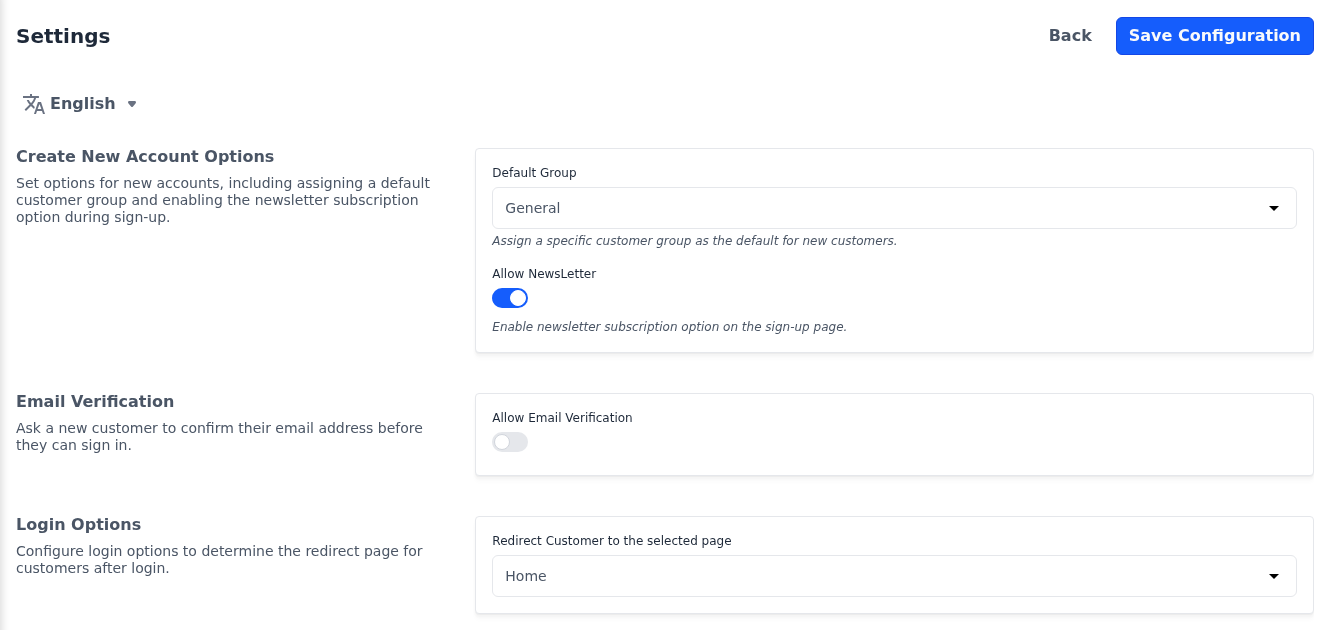 Create New Account Options, Email Verification and Login Options sections of the Customer Settings screen
