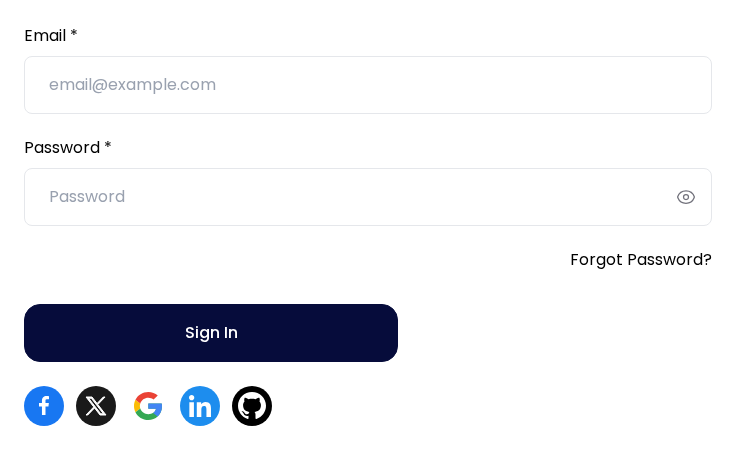 Facebook, X, Google, LinkedIn and GitHub buttons under the storefront sign-in form