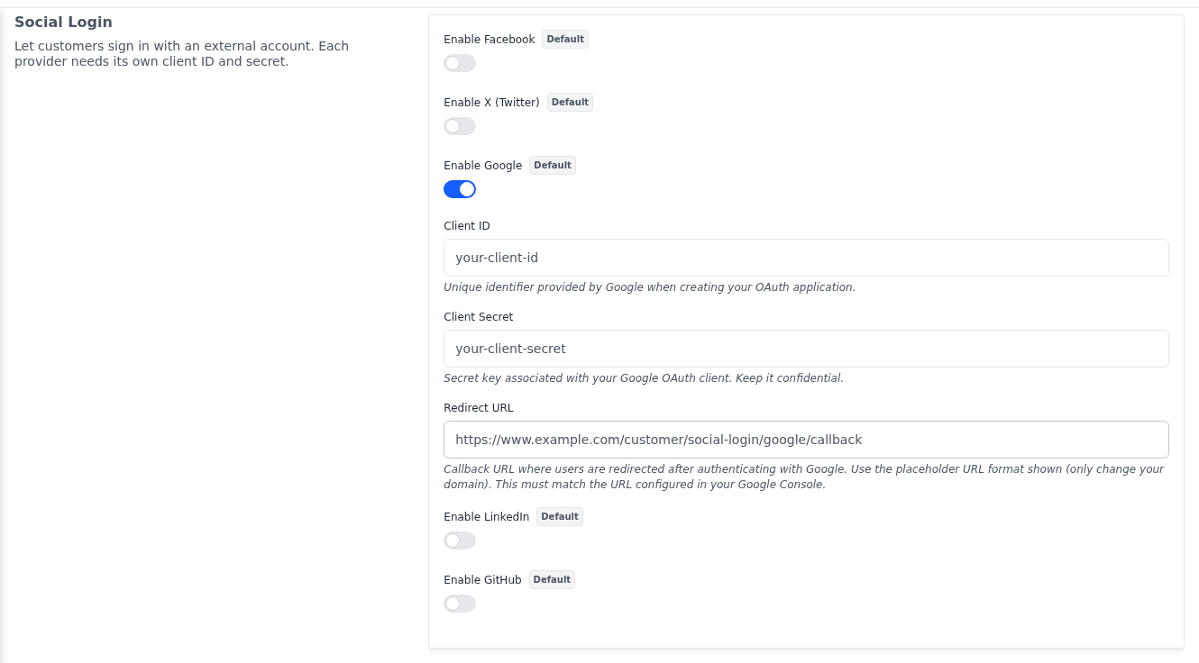Social Login section with Google switched on and its client ID, client secret and redirect URL fields
