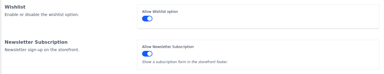 Wishlist and Newsletter Subscription sections of the Customer Settings screen