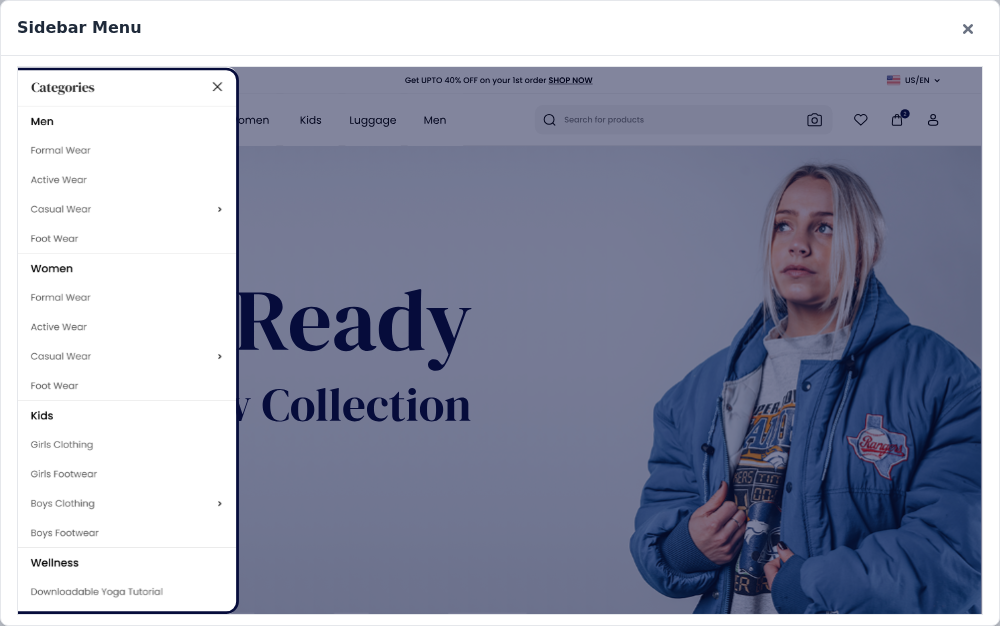 Sidebar Menu preview with the Categories side panel open over the storefront